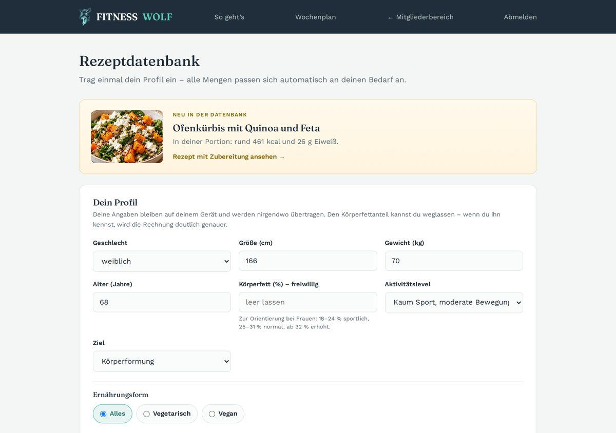 Profilformular der Rezeptdatenbank mit Größe, Gewicht, Alter, Aktivitätslevel und Ziel