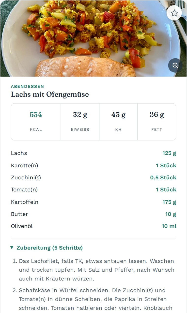 Das Rezept „Lachs mit Ofengemüse“ mit umgerechneten Mengen und Nährwerten